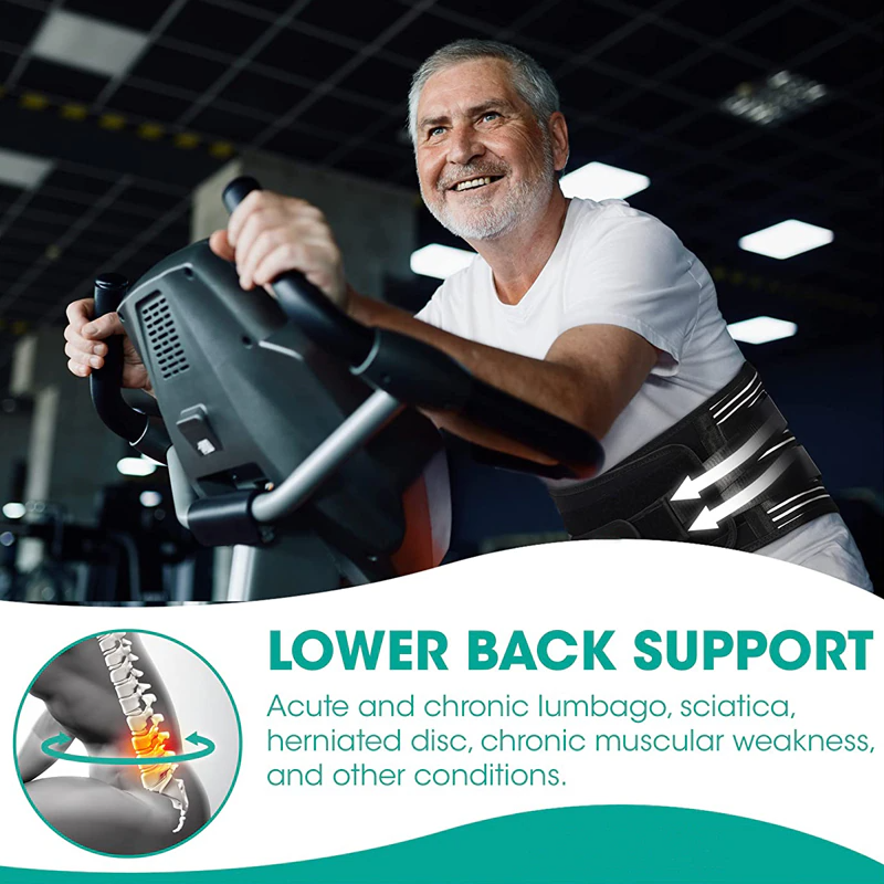 Man using a piece of exercise equipment with text about lower back support in a gym setting.