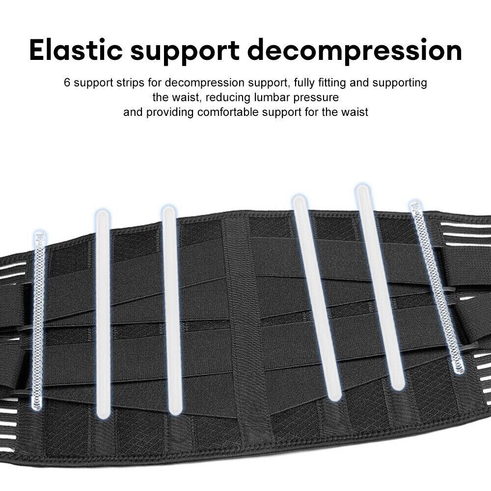 Black waist support belt with elastic support strips on a white background