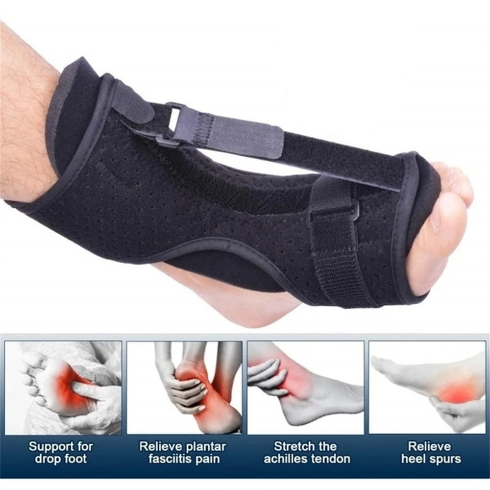 Black foot brace being worn on a foot with inset images showing its benefits.