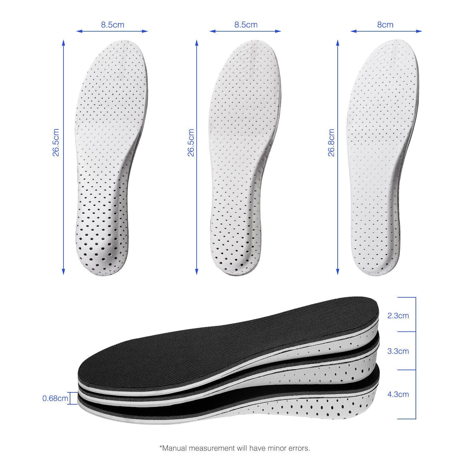 Measurement chart of shoe insoles with dimensions on a white background