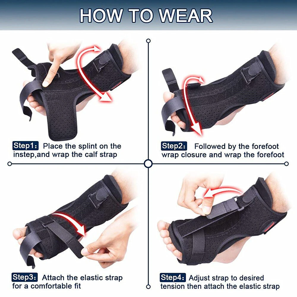 Instructions on how to wear a black foot orthosis with text labels.