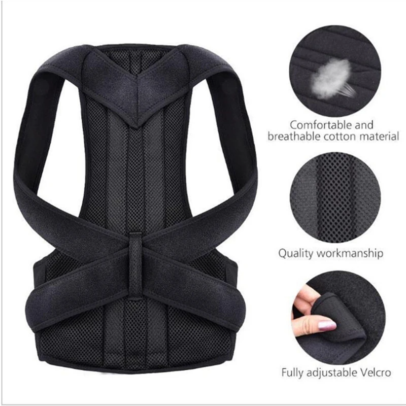 Black posture corrector with material and adjustability details on a white background