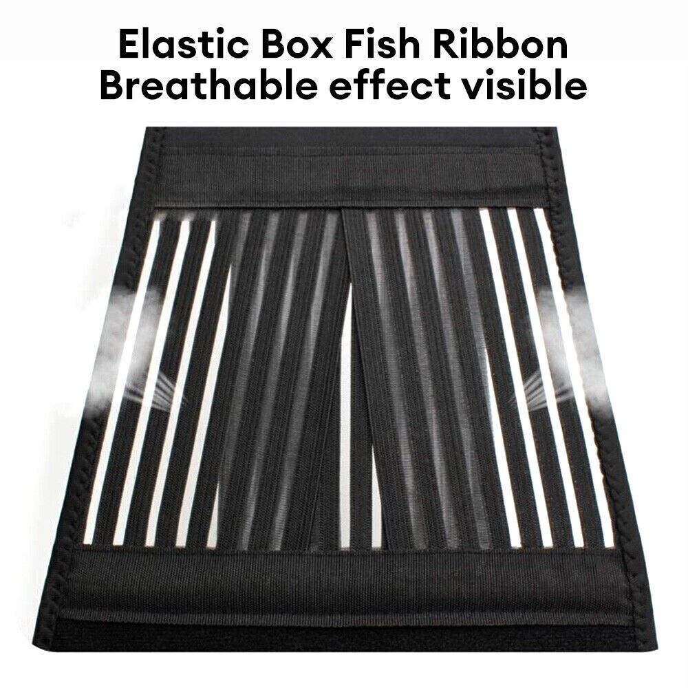 Black box with fish ribbon and text on a white background
