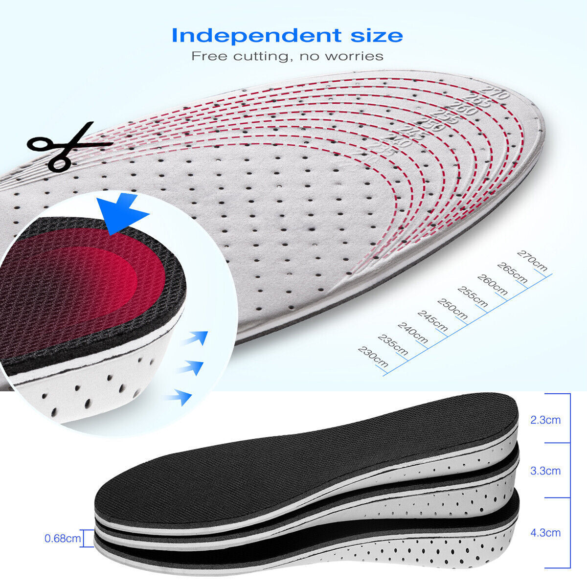 Shoe insole with red cushioning area and measurement details on a white background