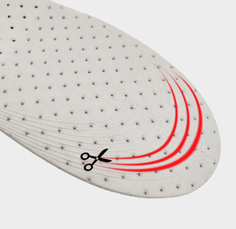 White shoe insole with red lines and a black scissors symbol on a white background