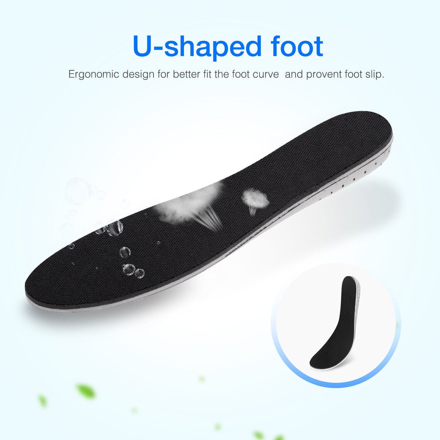 Ergonomic U-shaped foot insole with text on a white background
