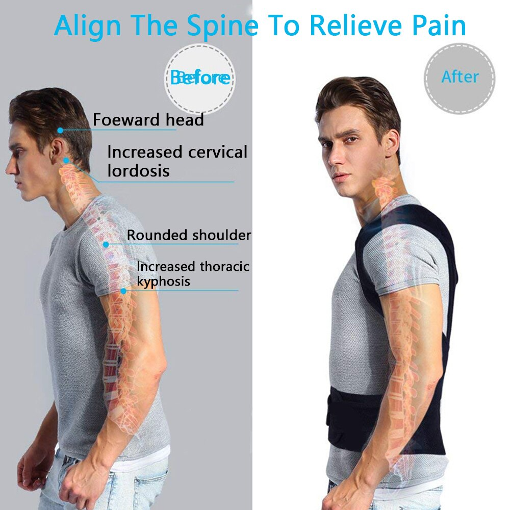 Before and after comparison of a person wearing a back brace to correct posture.