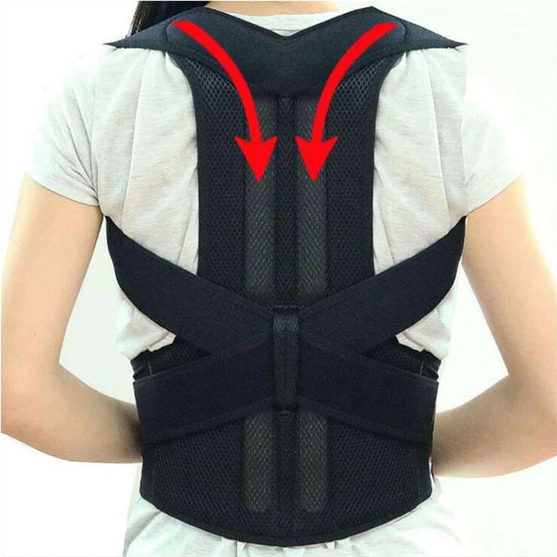 Back brace with red arrows indicating correct posture on a white background