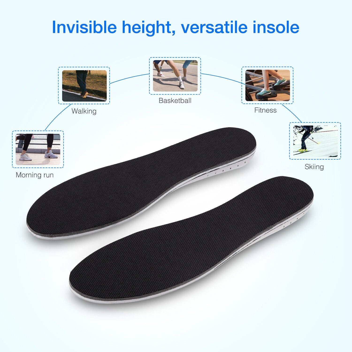 Invisible height adjustable insoles with various activities shown on a light blue background