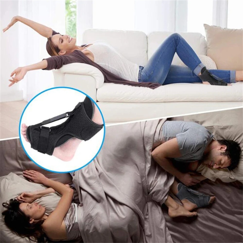 Woman using a foot brace in a living room setting