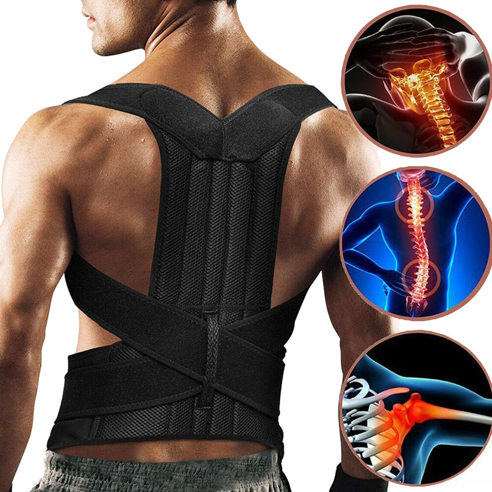 Person wearing a black posture corrector with insets showing spinal anatomy.