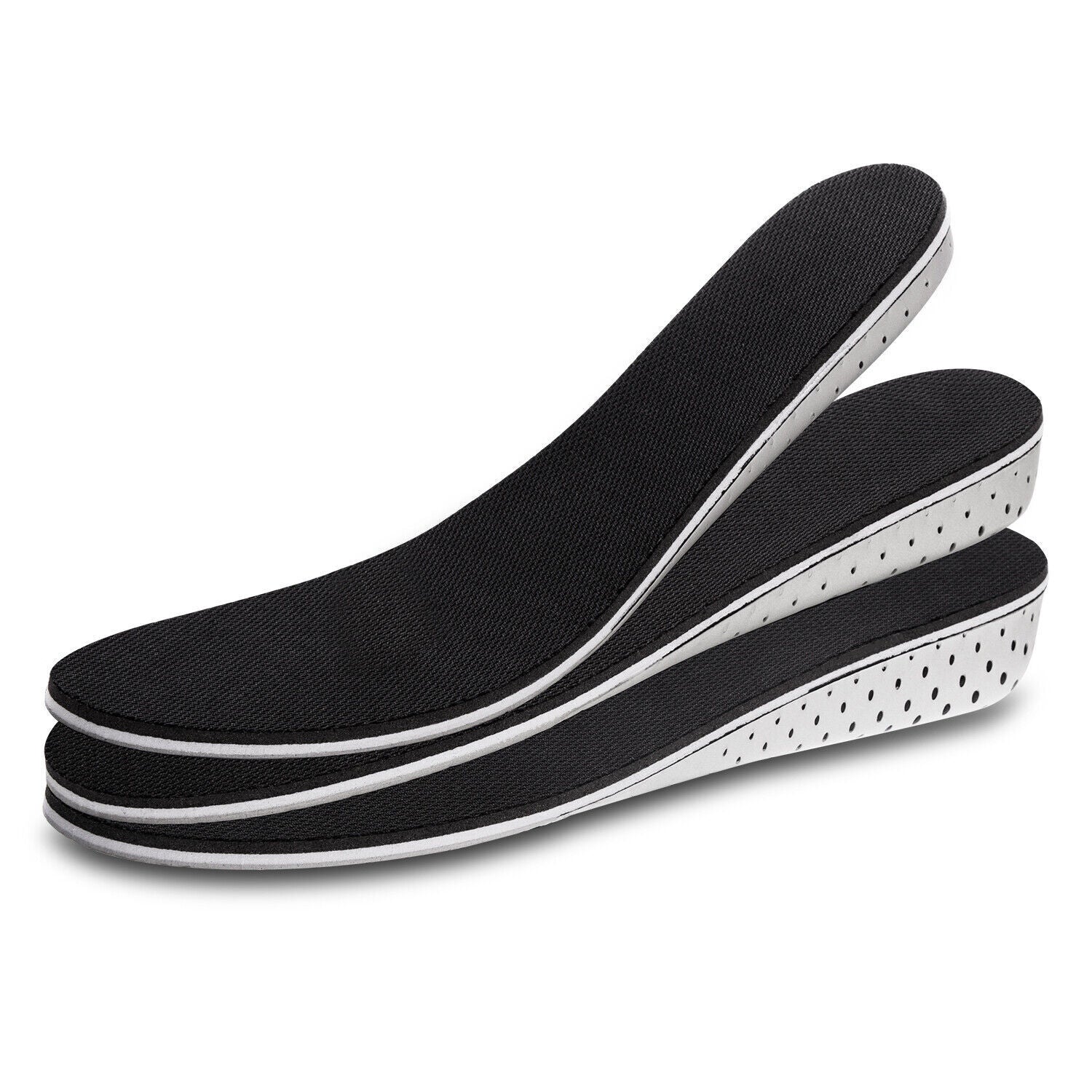 Three pairs of black shoe insoles with white soles on a white background