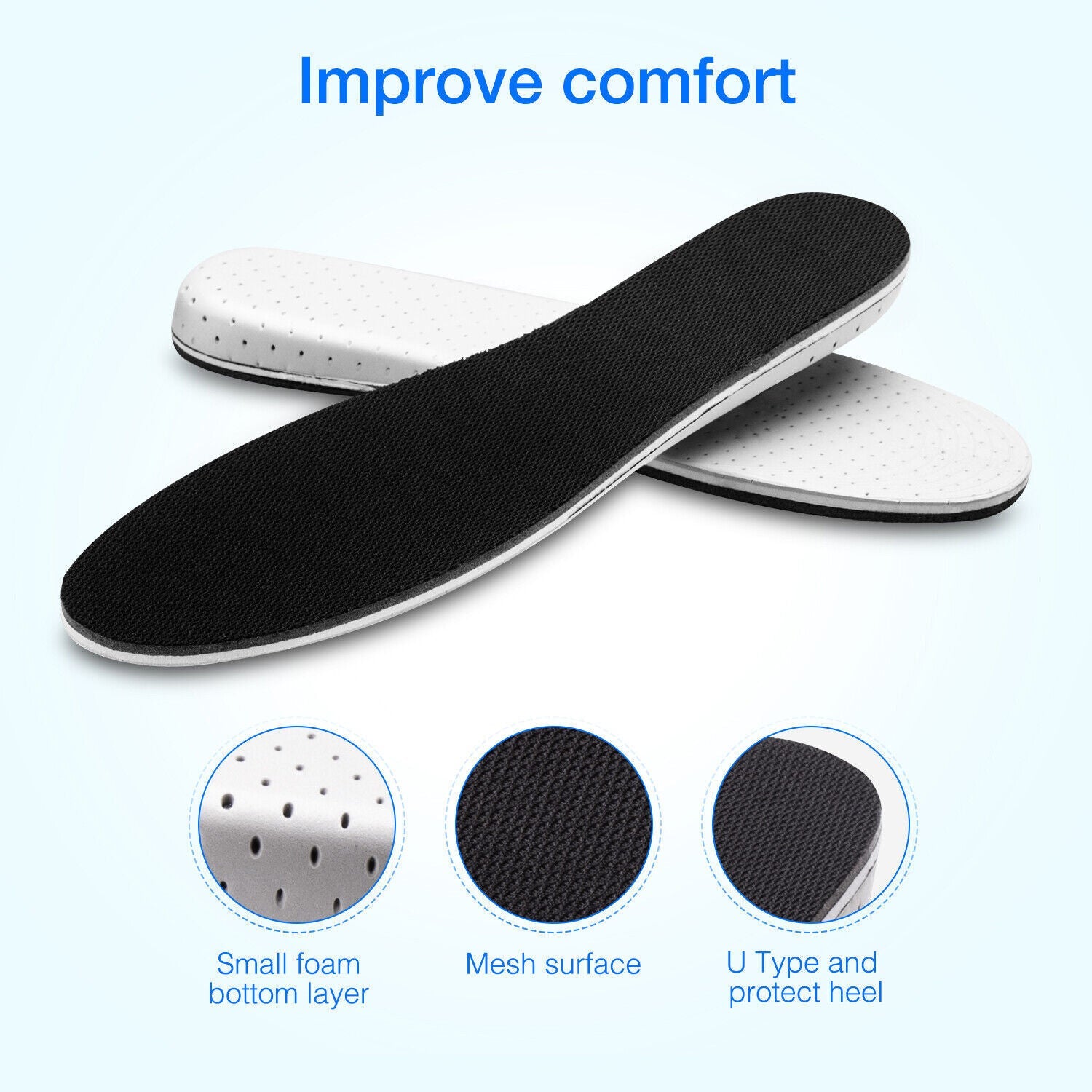 Black shoe insole with text 'Improve comfort' on a white background