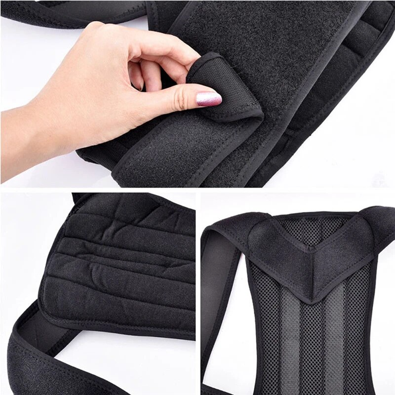 Black back support brace with a hand adjusting it on a white background