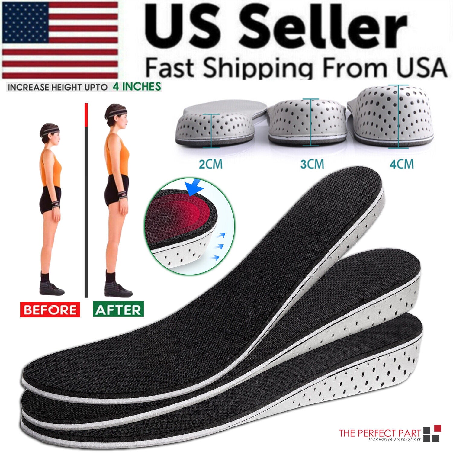 Height-increasing shoe insoles with before and after effect on a white background, featuring an American flag.