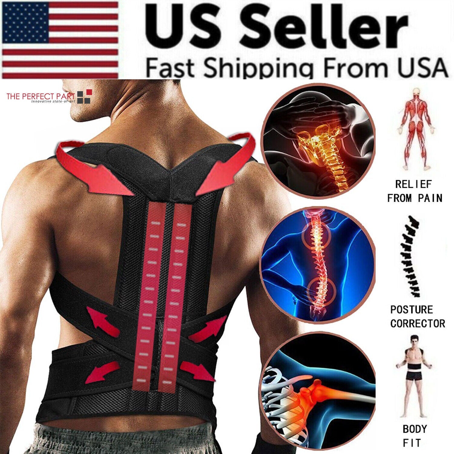 Back posture corrector with anatomical illustrations and text about pain relief and fast shipping from USA.