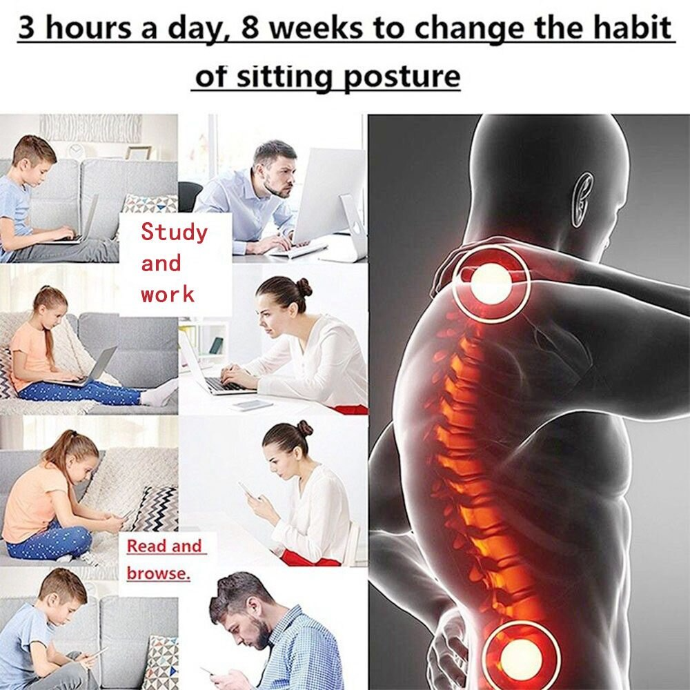 Collage of people in posture with text about changing sitting posture habits.