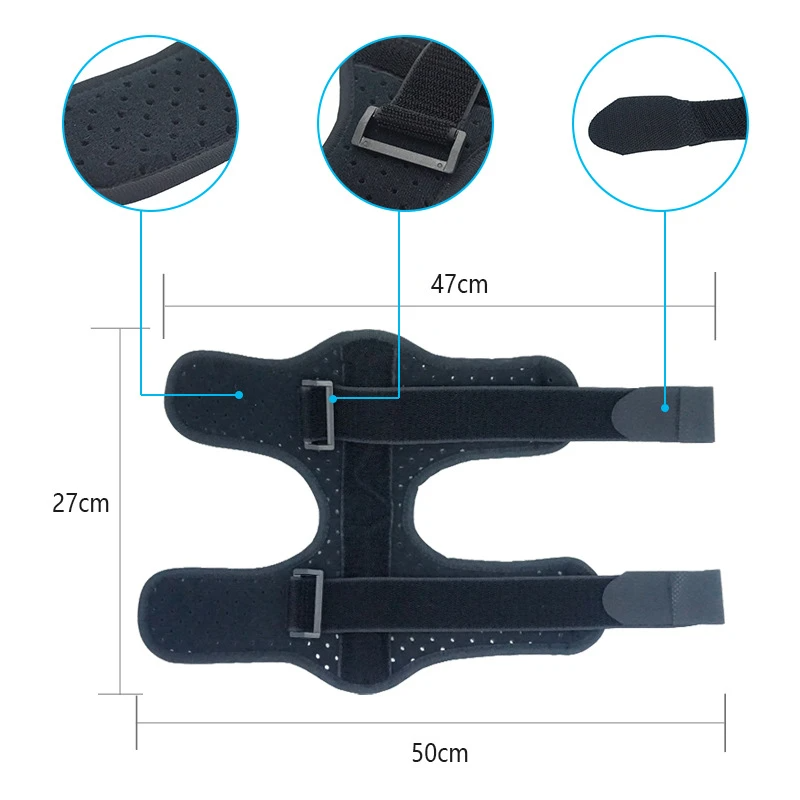Black shoulder brace with measurements on a white background