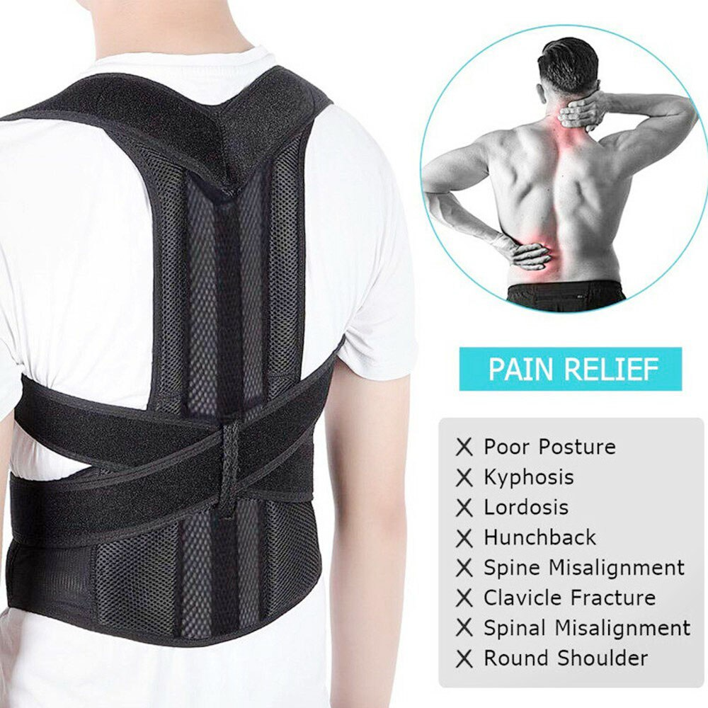 Black posture corrector worn by a person with an inset showing pain relief benefits.