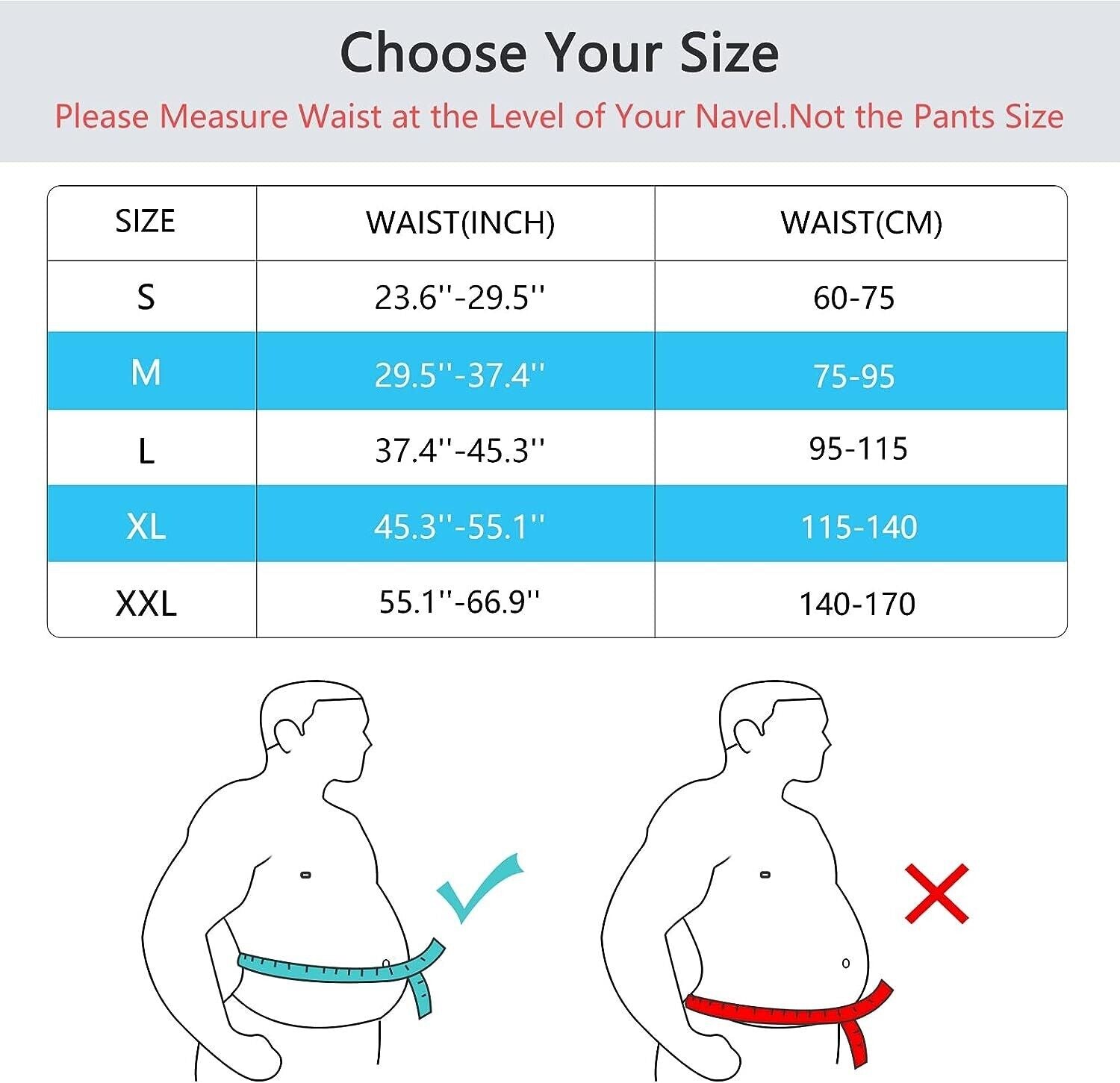 Size chart for waist measurement with illustrations of correct and incorrect measurement methods.