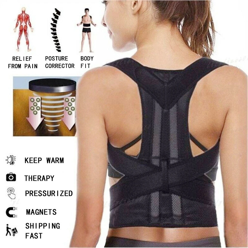 Black posture corrector worn by a person with features highlighted on the left side.