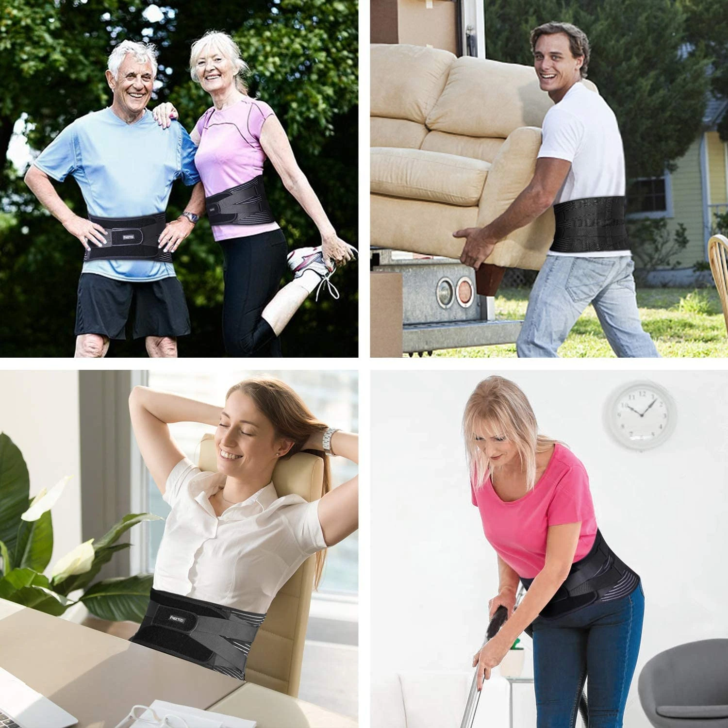 Collage of people wearing back support belts in various activities.