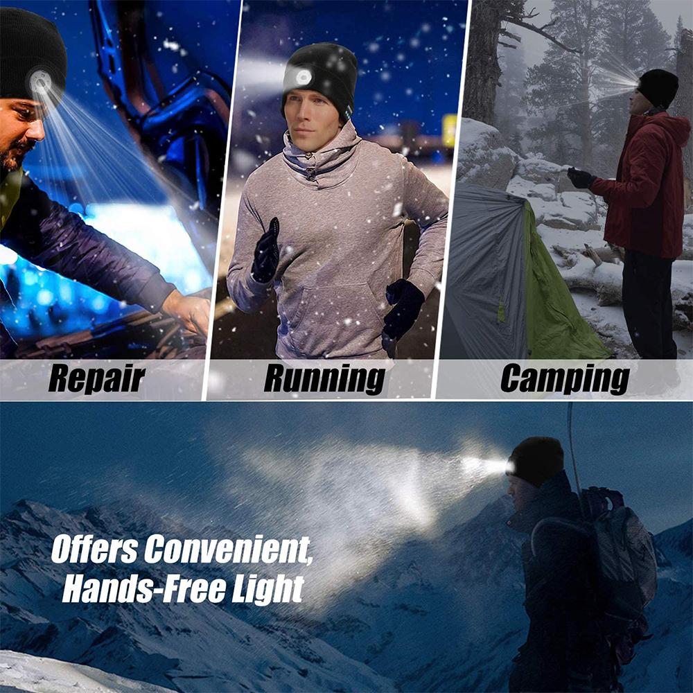 Collage of a person using a flashlight in various settings including repair, running, and camping.