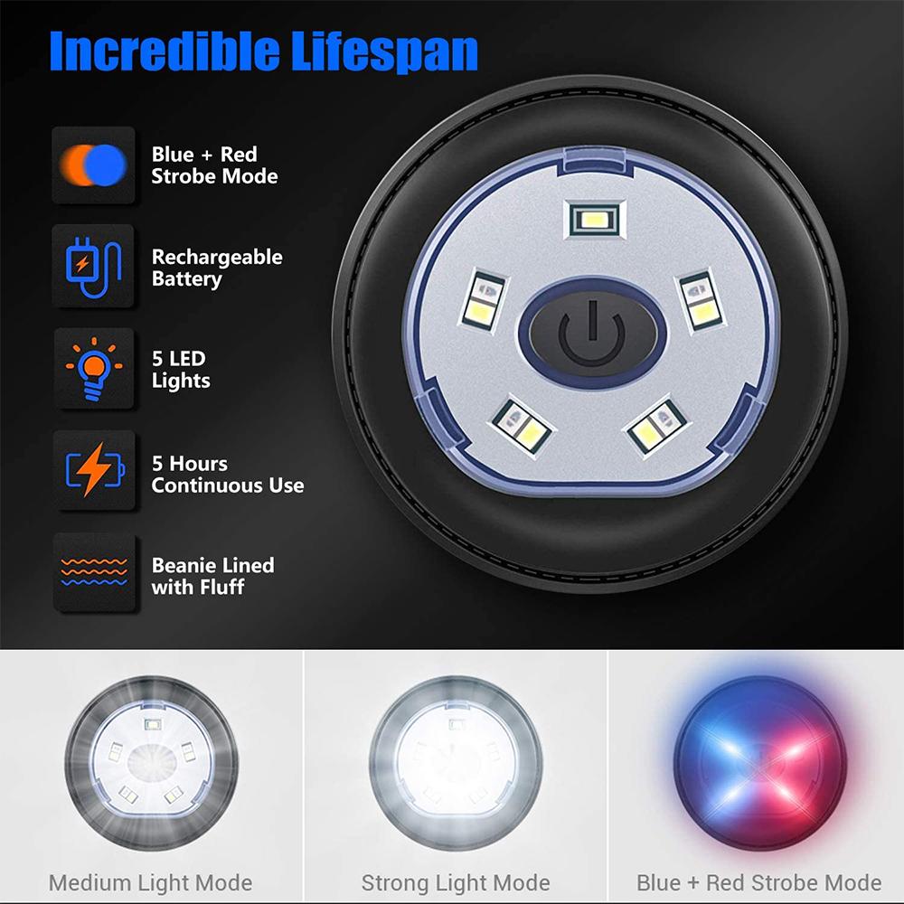 LED light with features listed on a dark background