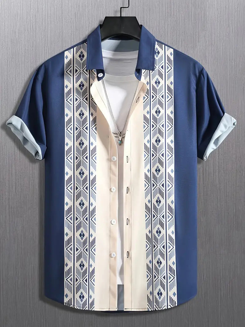 Short-sleeve shirt with blue and patterned design on a gray background