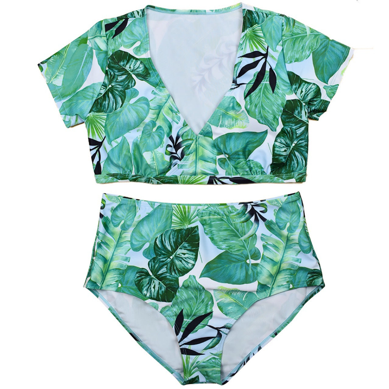 Tropical leaf patterned two-piece swimsuit on a white background