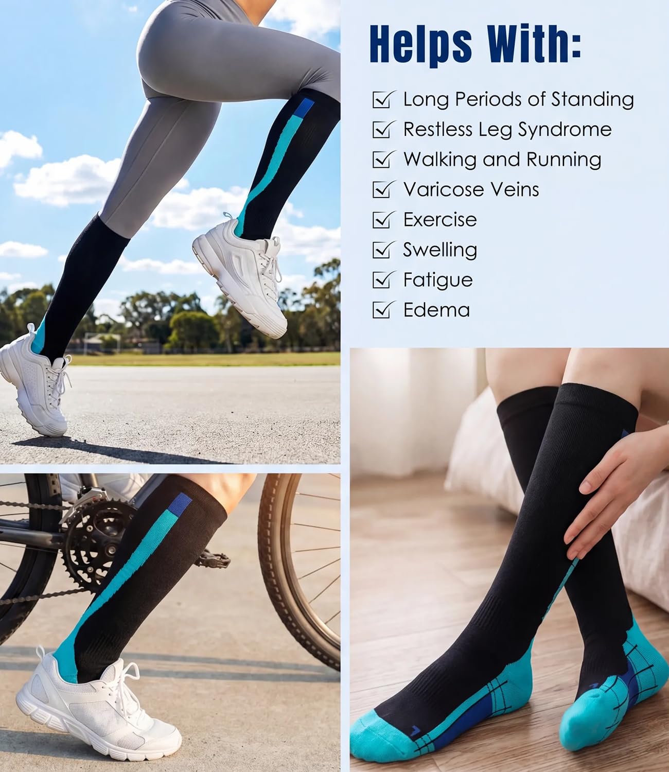 A collage showing a person wearing black knee-high compression socks with bright teal accents in outdoor and indoor settings, alongside text listing benefits such as helping with standing periods, restless leg syndrome, walking and running, varicose veins, exercise, swelling, fatigue, and edema.