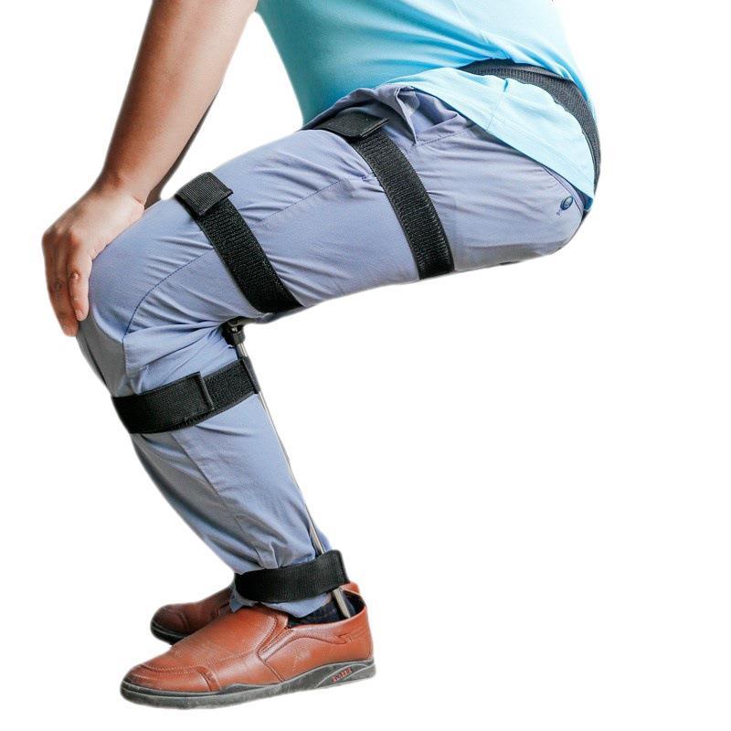 Person wearing a leg brace with black straps on a white background