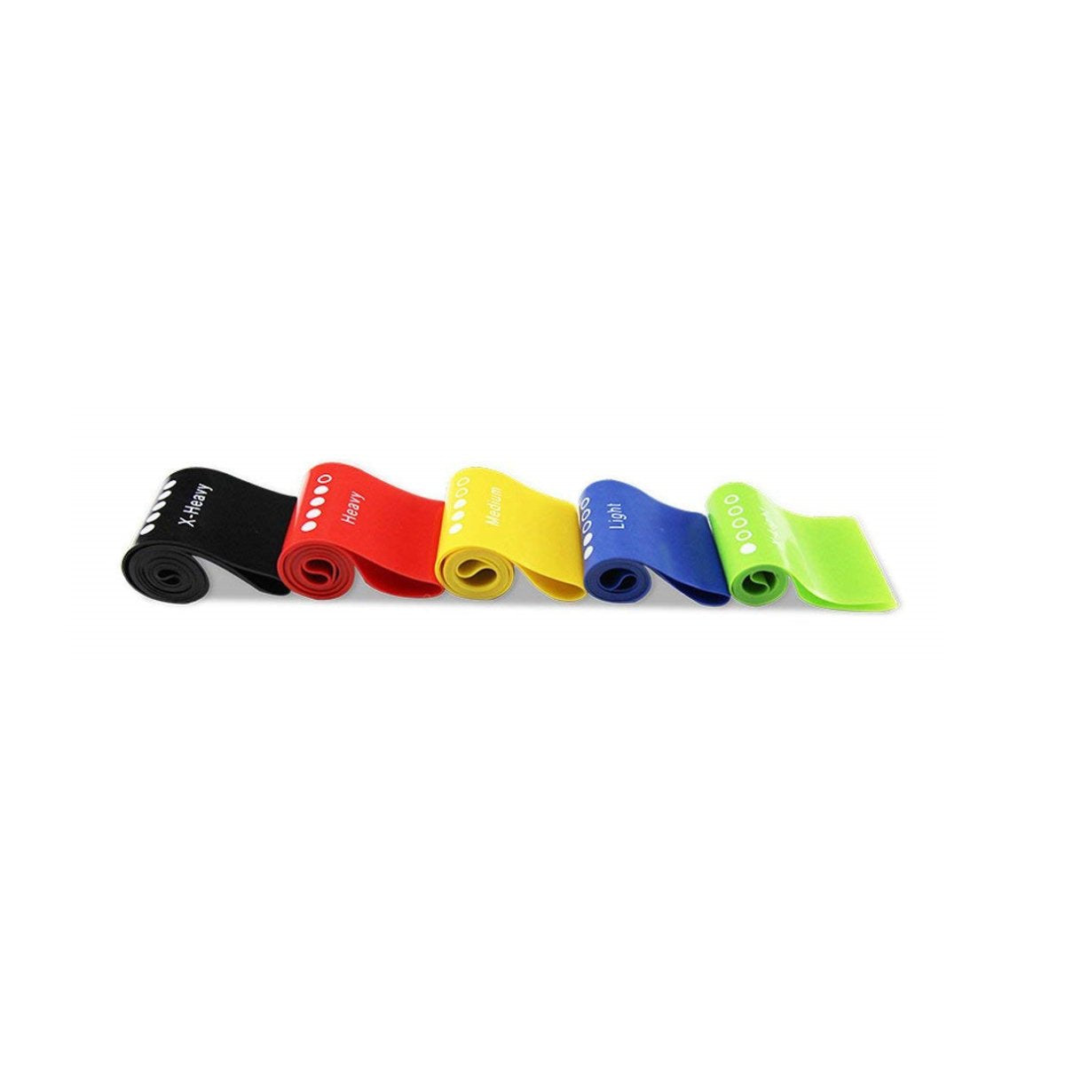 Set of resistance bands in black, red, yellow, blue, and green on a white background