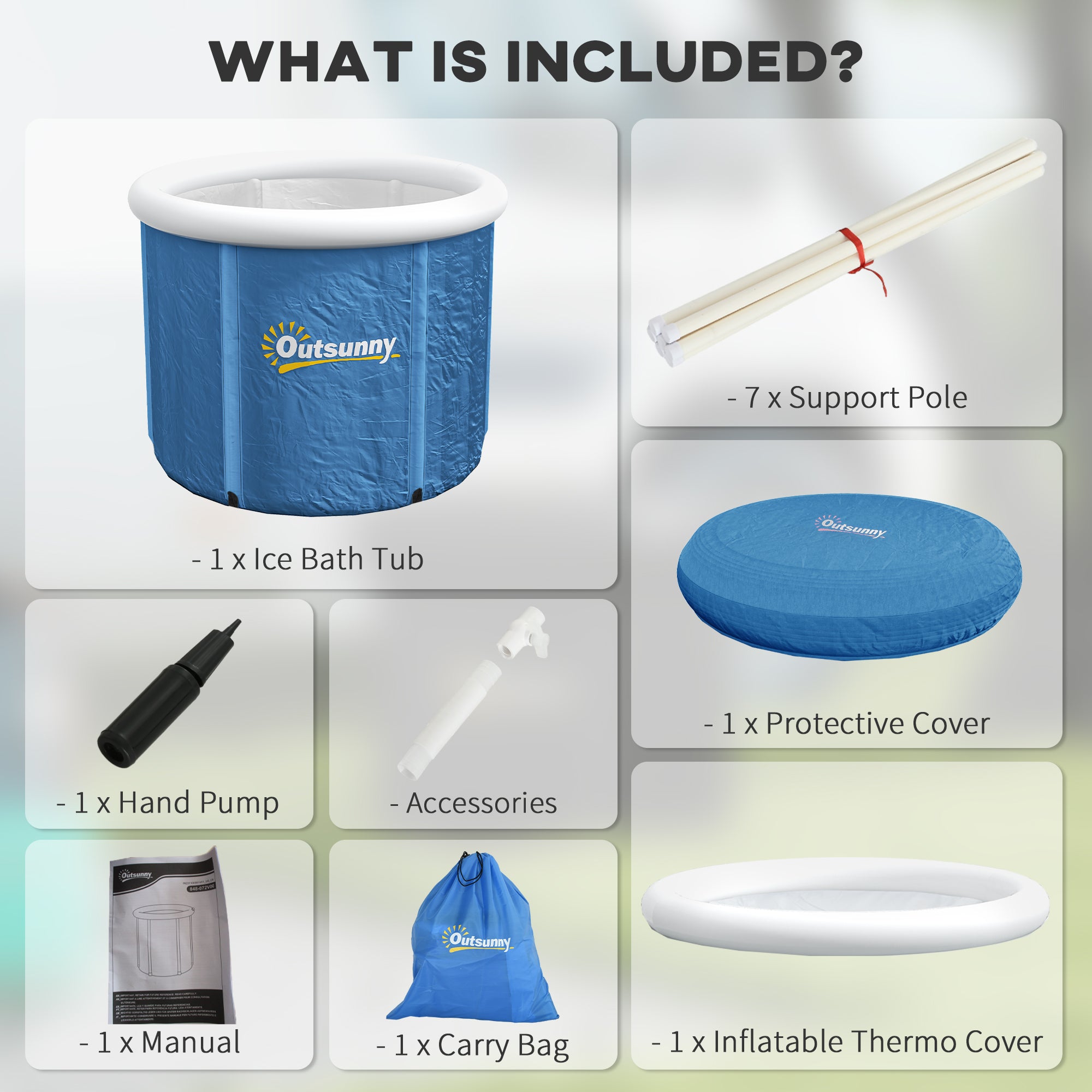 List of included items for an Outsunny ice bath tub set on a white background.