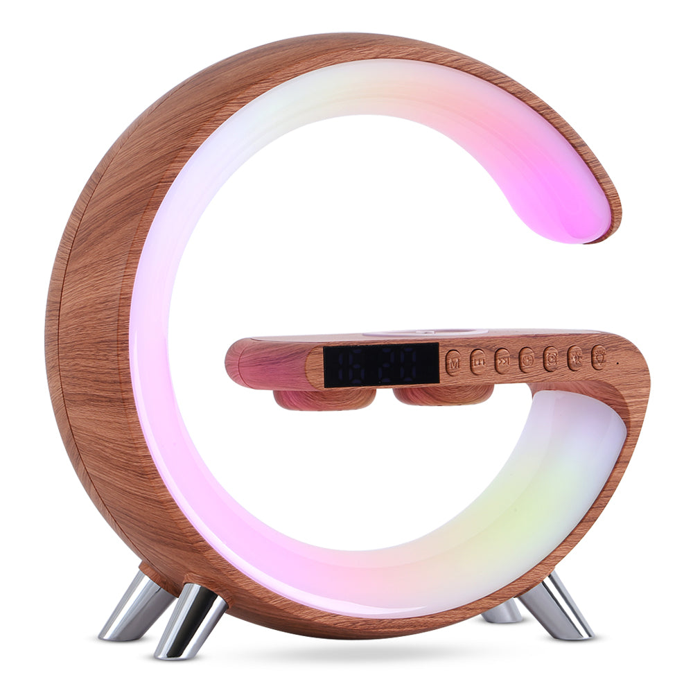 Wooden circular lamp with RGB lighting on a white background
