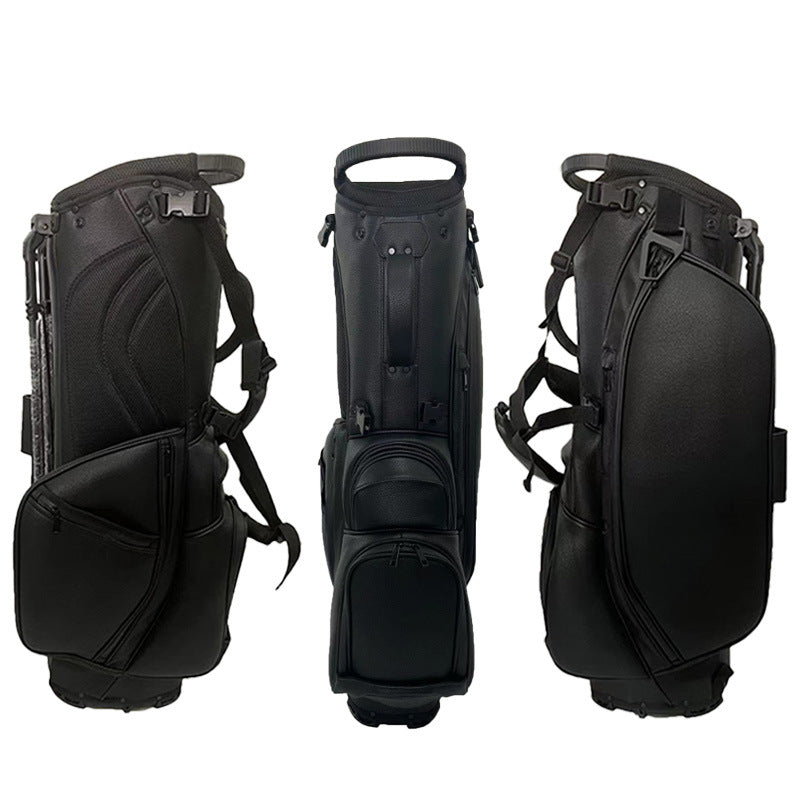 Black golf bag shown from three different angles on a white background