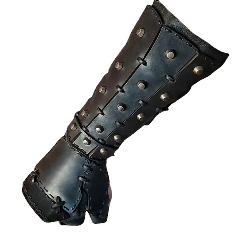 Black leather bracer with metal studs on a white background