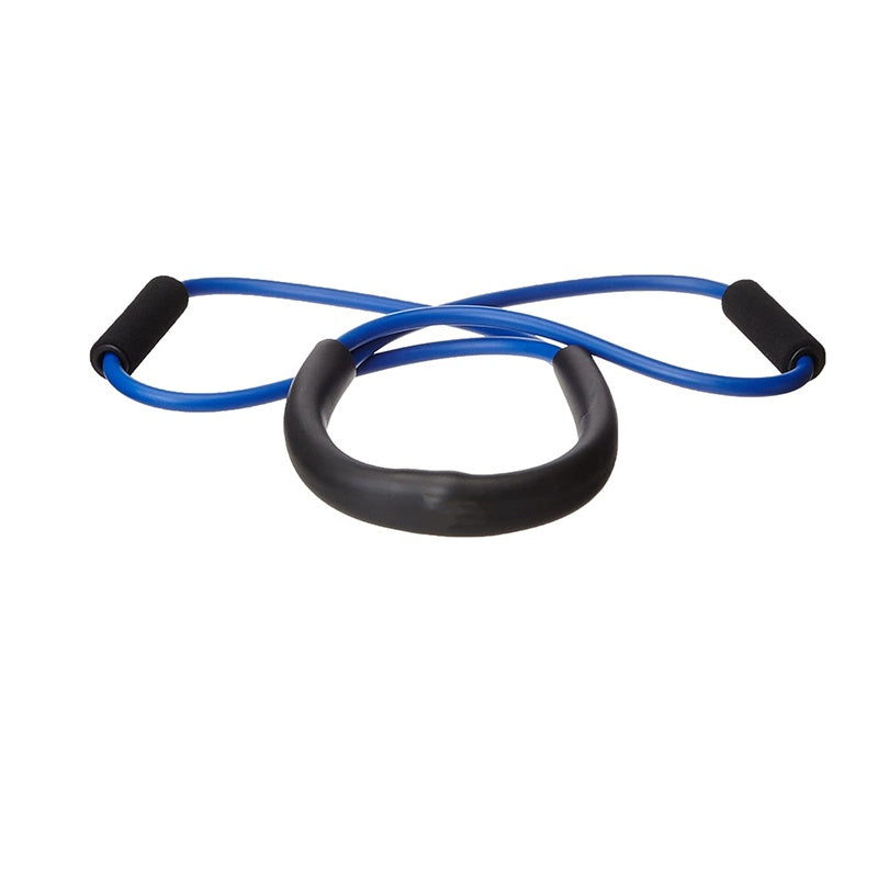 Blue resistance band with black handles on a white background