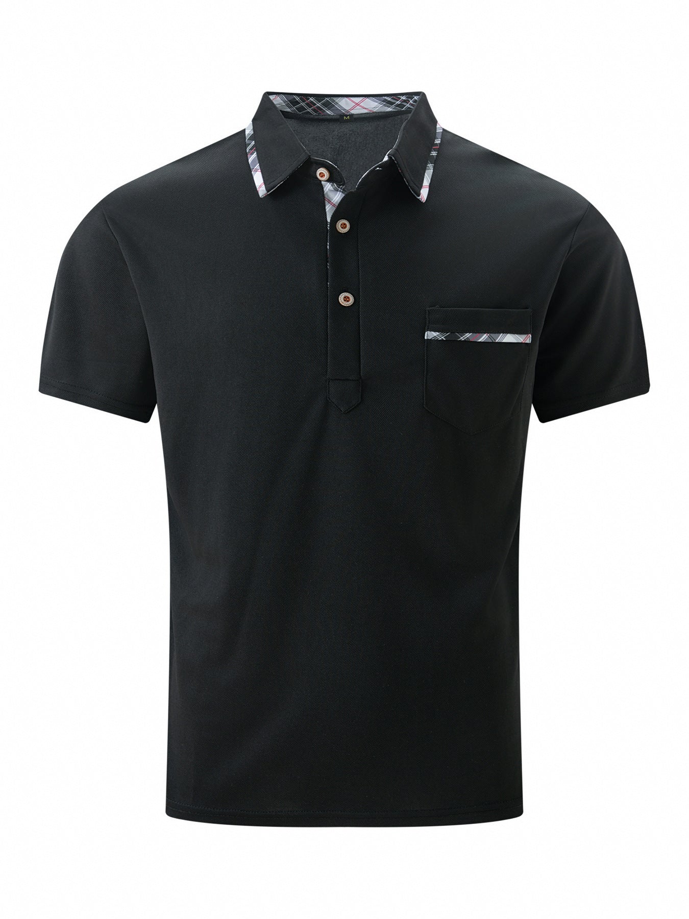 Black polo shirt with patterned collar on a white background