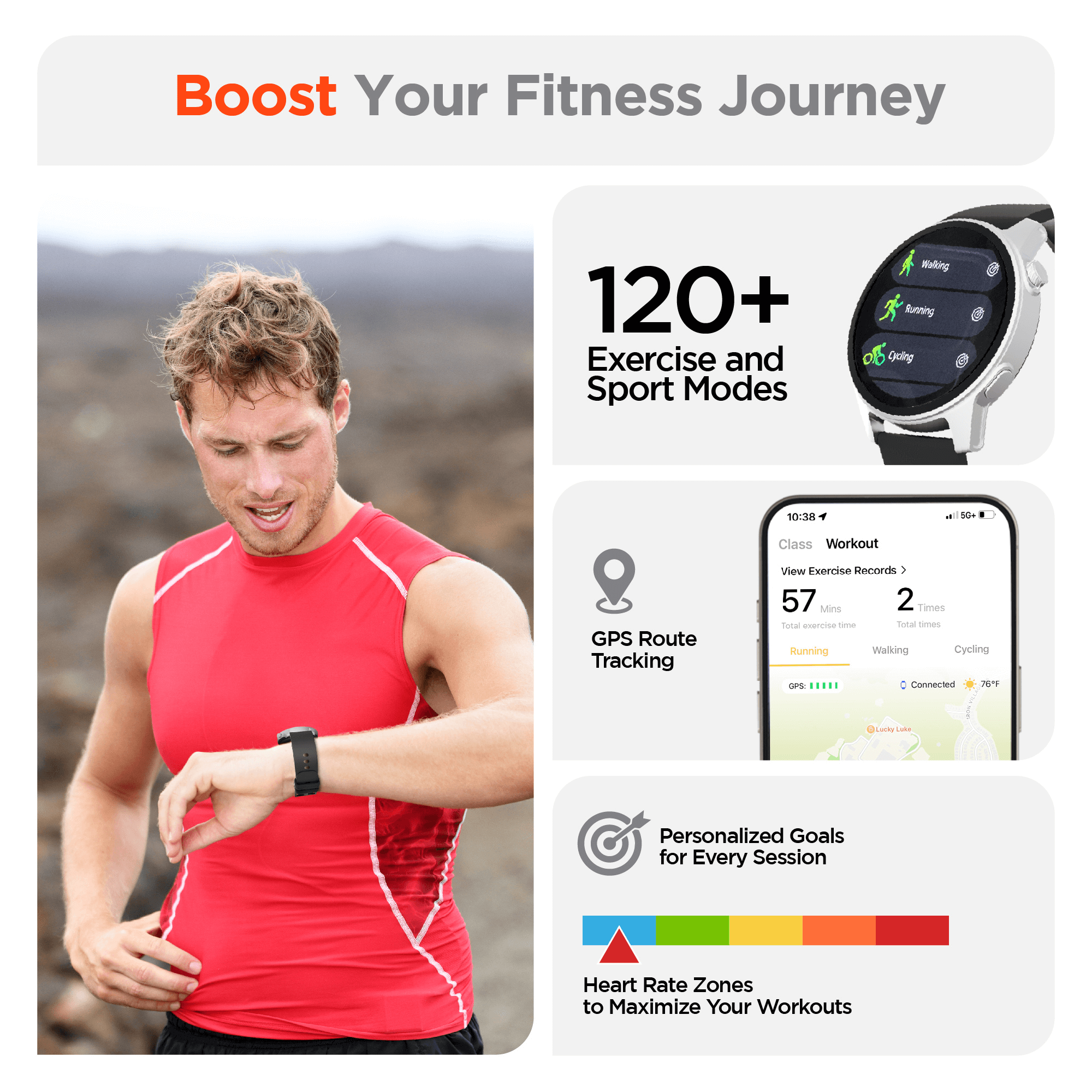 Man using a fitness tracker with features highlighted on a white background