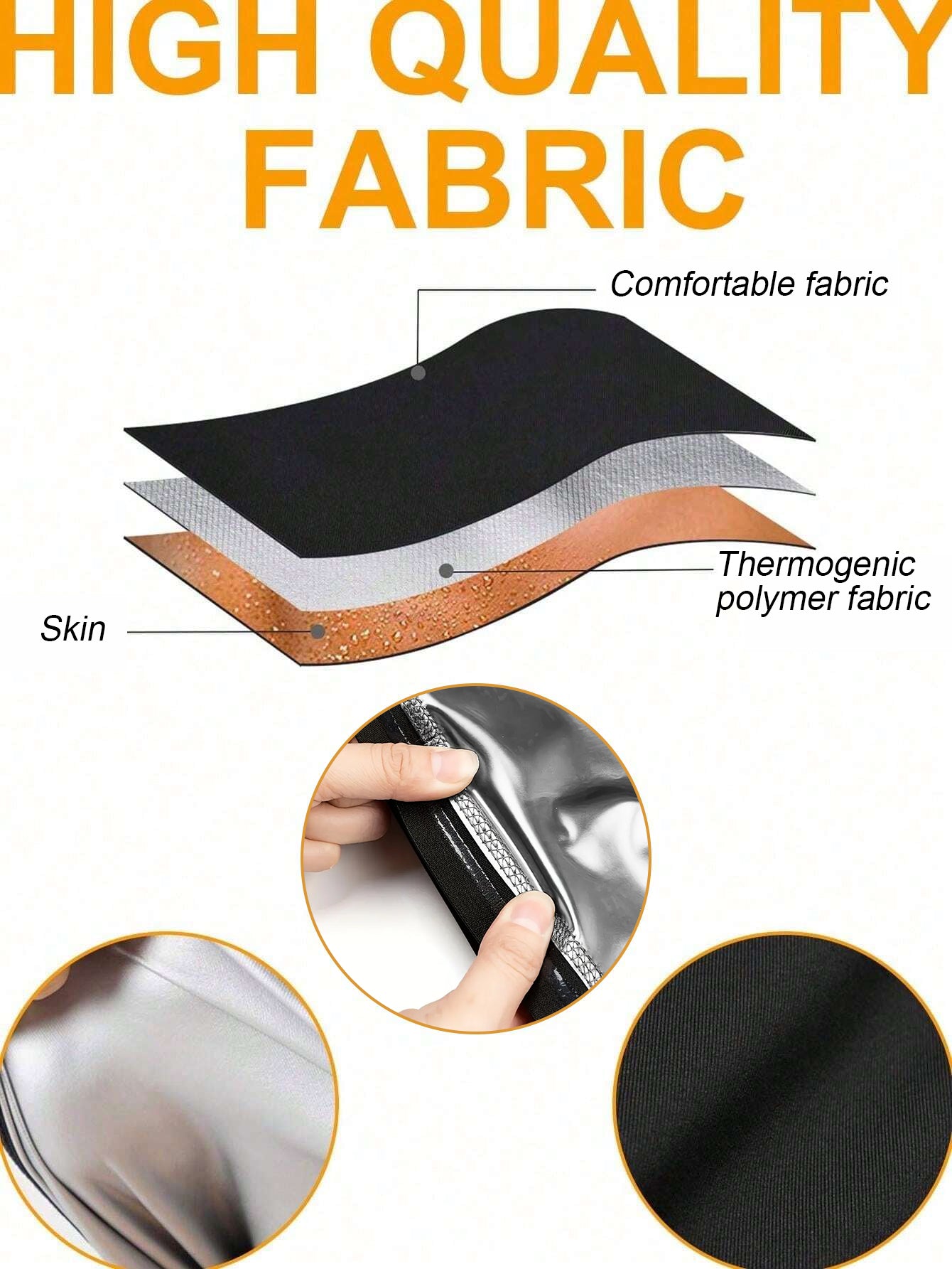 Promotional graphic for a thermogenic polymer fabric pouch, featuring a layered diagram of the material with labels for 'Comfortable fabric', 'Thermogenic polymer fabric', and 'Skin'. Three circular inset images at the bottom show close-ups of the shiny silver-gray material, a zipper detail, and a black fabric texture.