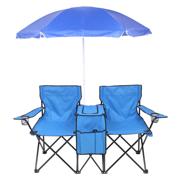 Blue folding chairs with an umbrella and cooler bag on a white background