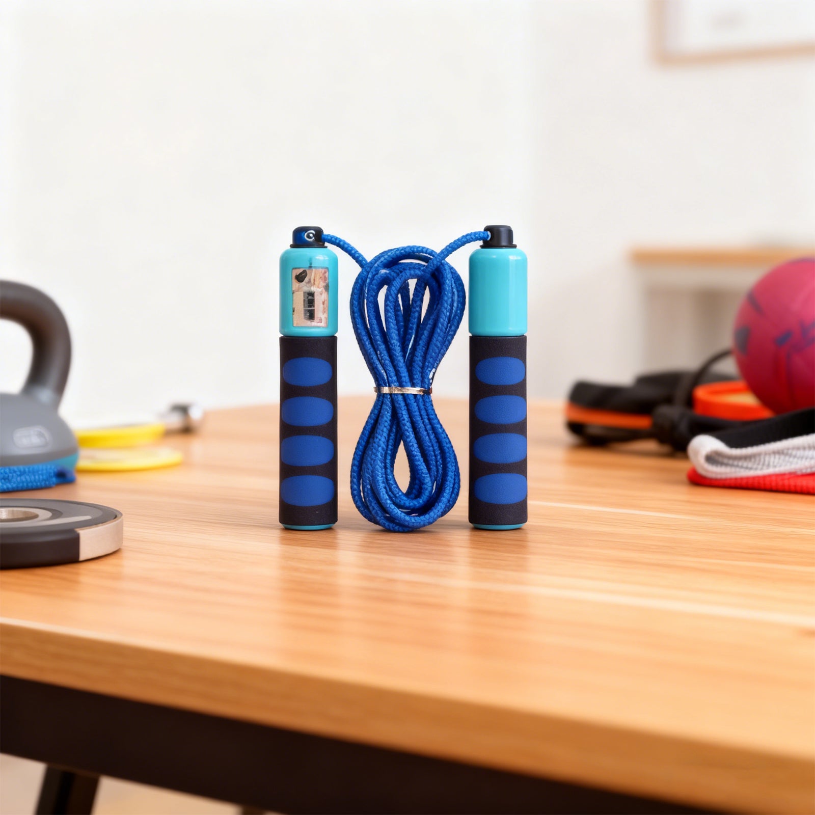 Blue jump rope on a wooden table with fitness equipment in the background