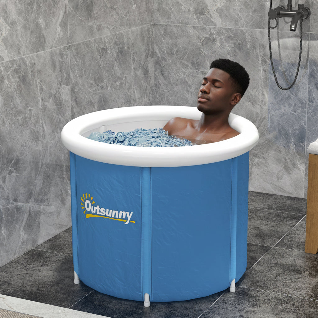 Black male relaxing in an Outsunny inflatable hot tub against a tiled bathroom wall.