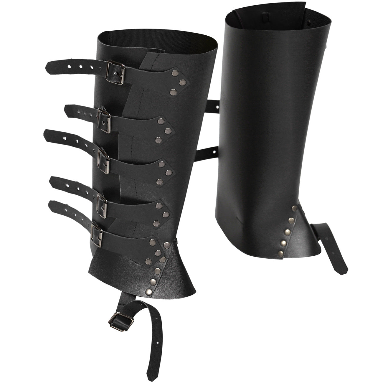 Pair of brown leather leg guards with gold buckles on a white background