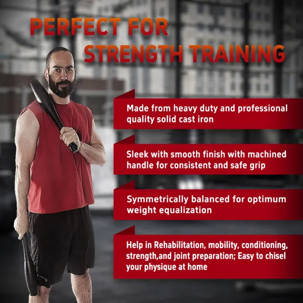 Man holding a weightlifting barbell with text about strength training equipment.