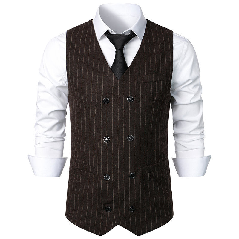 Brown pinstripe vest over a white shirt with a black tie on a white background