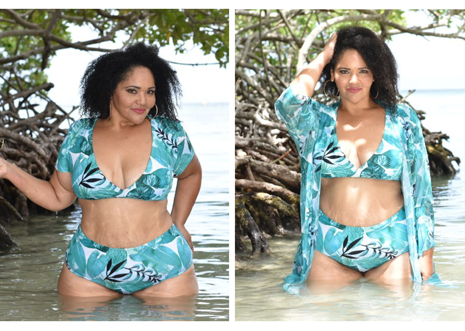 Woman wearing a blue floral bikini and cover-up in a natural setting.