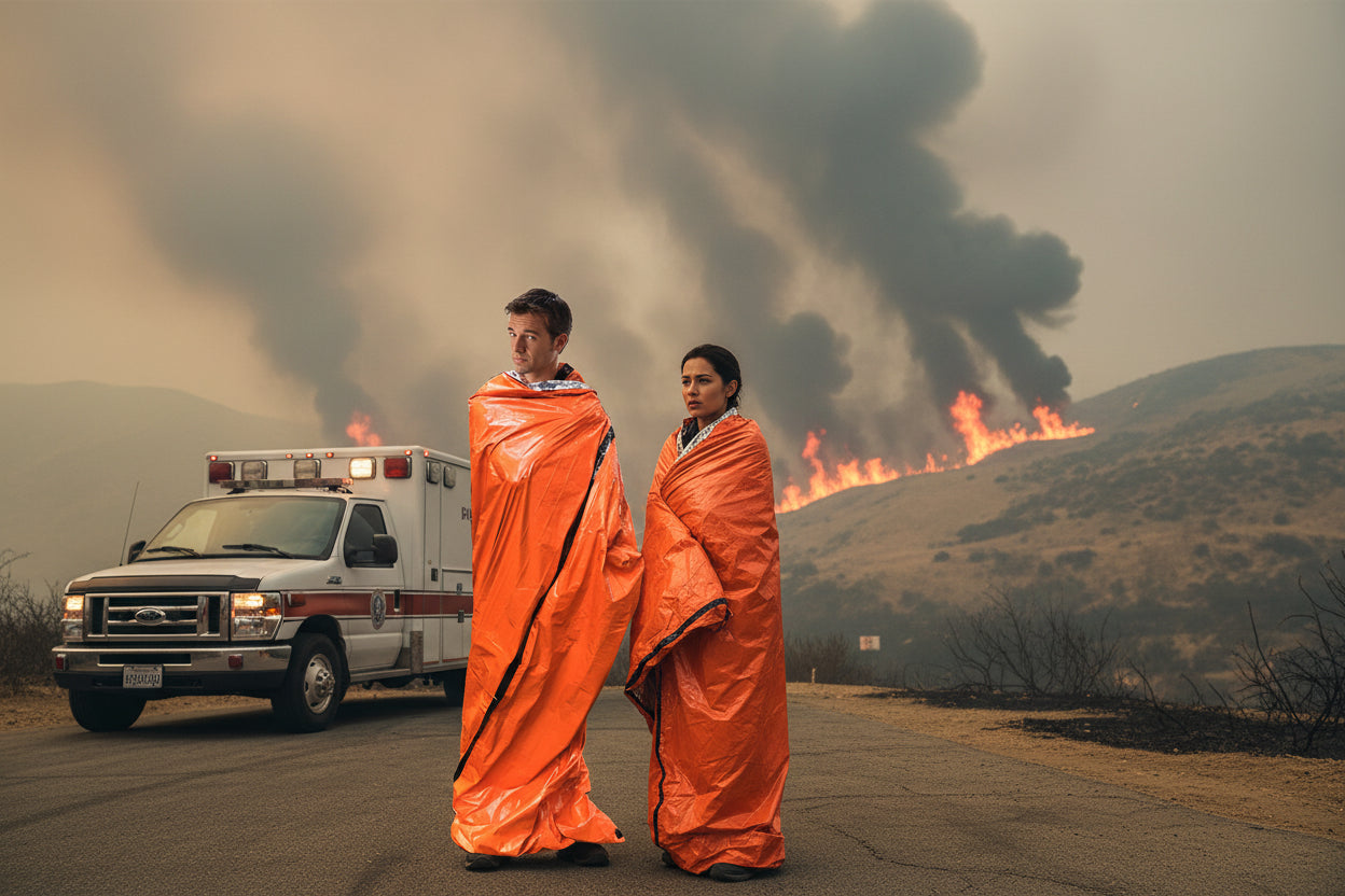 Two people wrapped in an orange emergency blanket during California wildfire in background