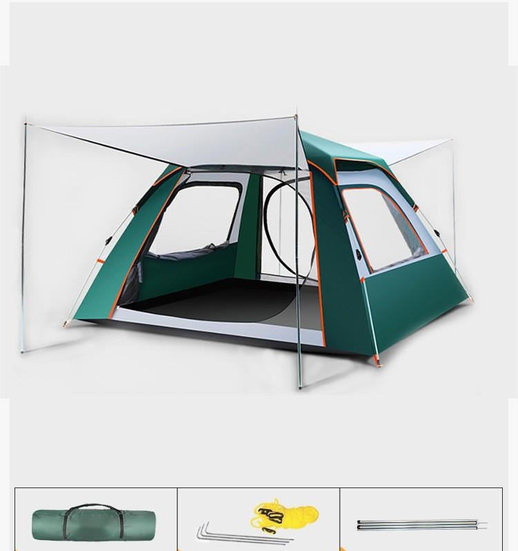 Green camping tent with accessories on a white background